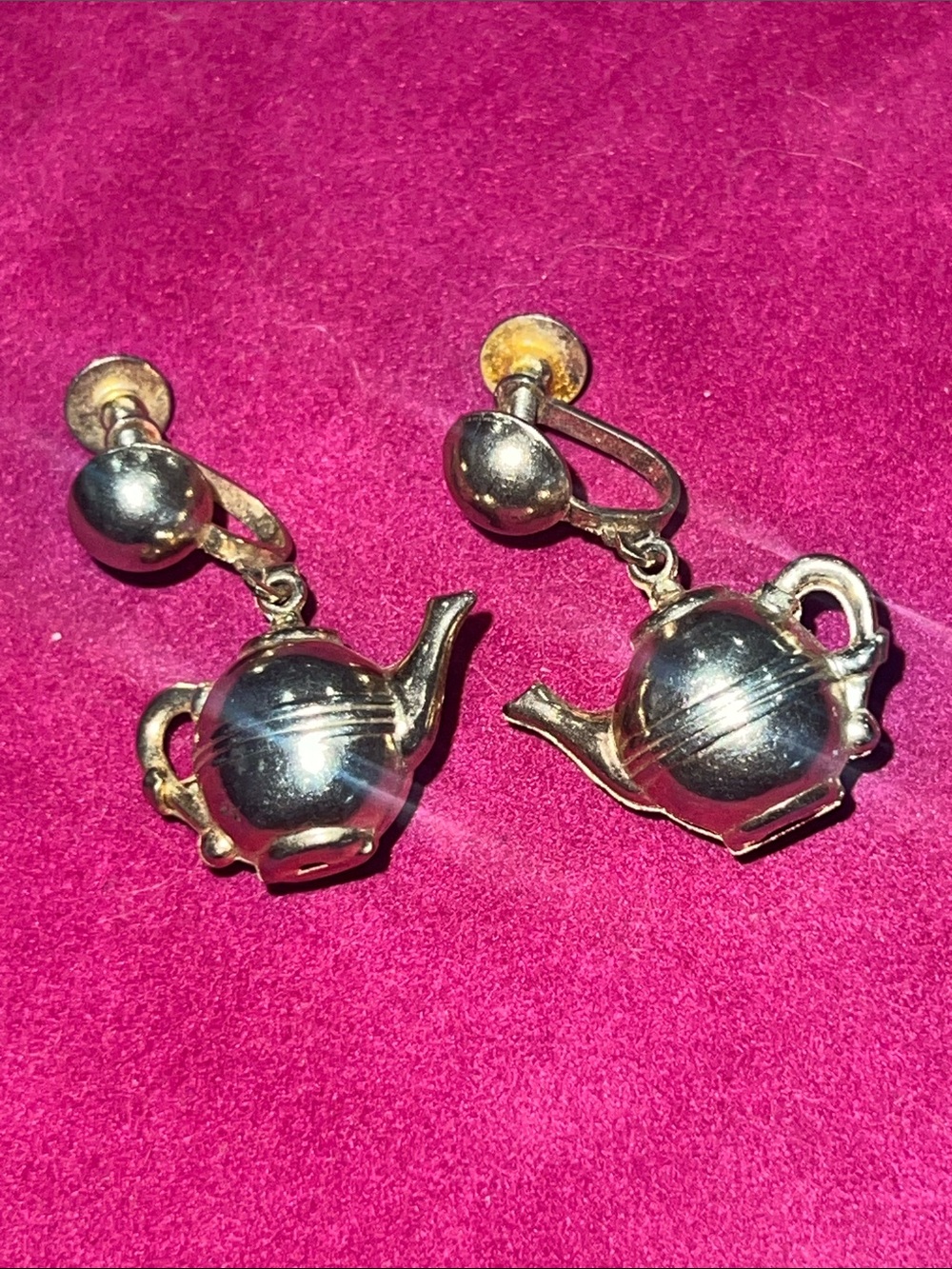 Whimsical, Gold tone and rare  Teapot Dangle Clip-On Earrings - vintage